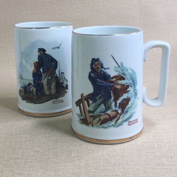 Vintage Norman Rockwell Set of 2 Classic 1985 Coffee Tea Mug